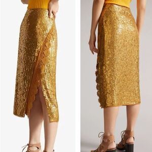 TED BAKER LONDON Signora Sequin & Lace Slip Skirt Gold Size 6 US NEW
